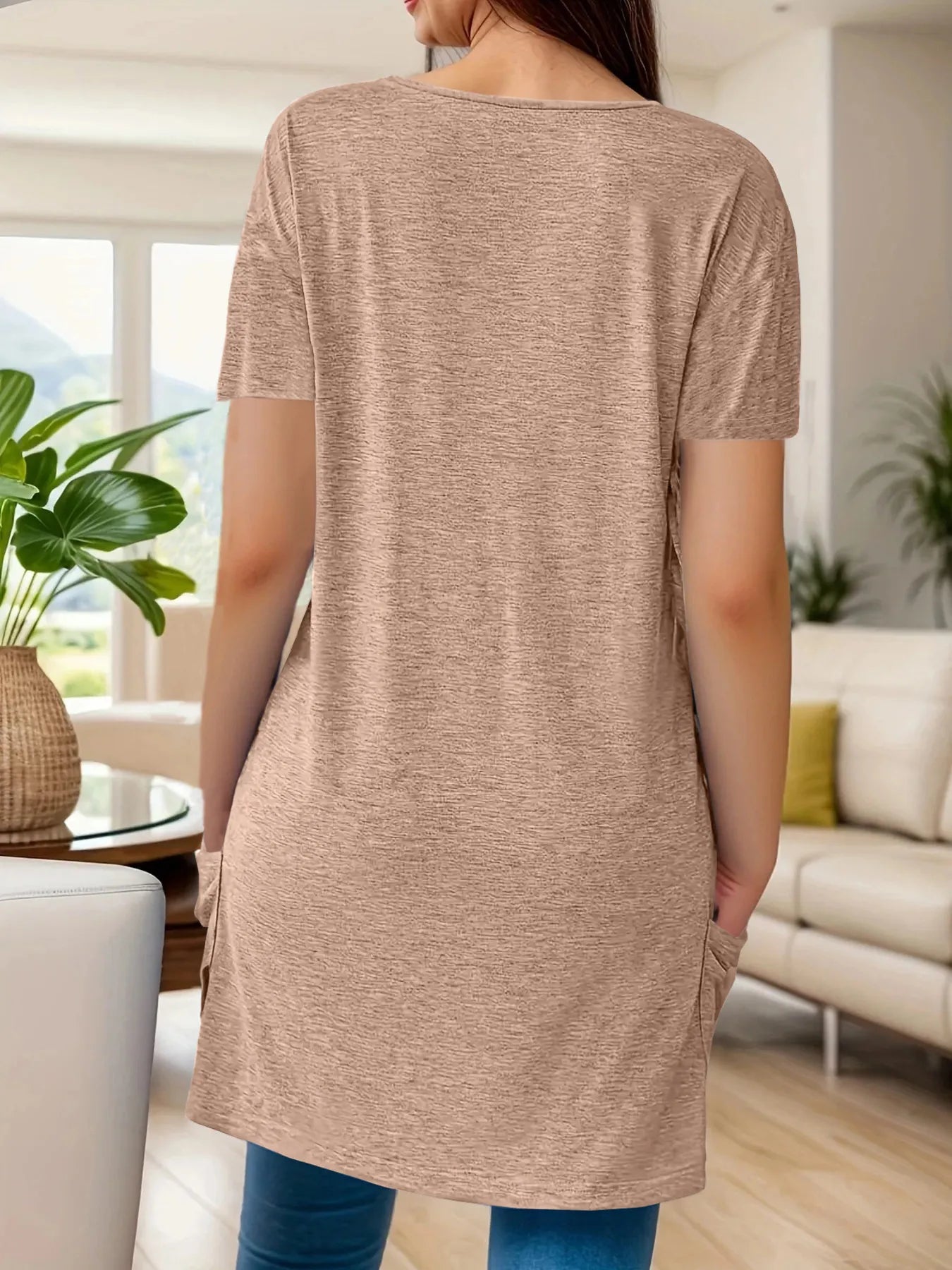 Full Size V-Neck Pocket Front Asymmetric Hem T-Shirt Plus Size