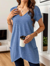 Full Size V-Neck Pocket Front Asymmetric Hem T-Shirt Plus Size Blue / S
