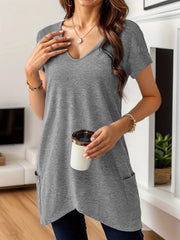 Full Size V-Neck Pocket Front Asymmetric Hem T-Shirt Plus Size Grey / S