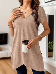 Full Size V-Neck Pocket Front Asymmetric Hem T-Shirt Plus Size Khaki / S