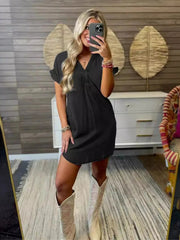 Full Size V-Neck Short Sleeve Denim Dress Plus Size Black / S