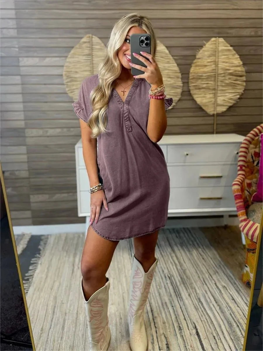 Full Size V-Neck Short Sleeve Denim Dress Plus Size Gray Purple / S