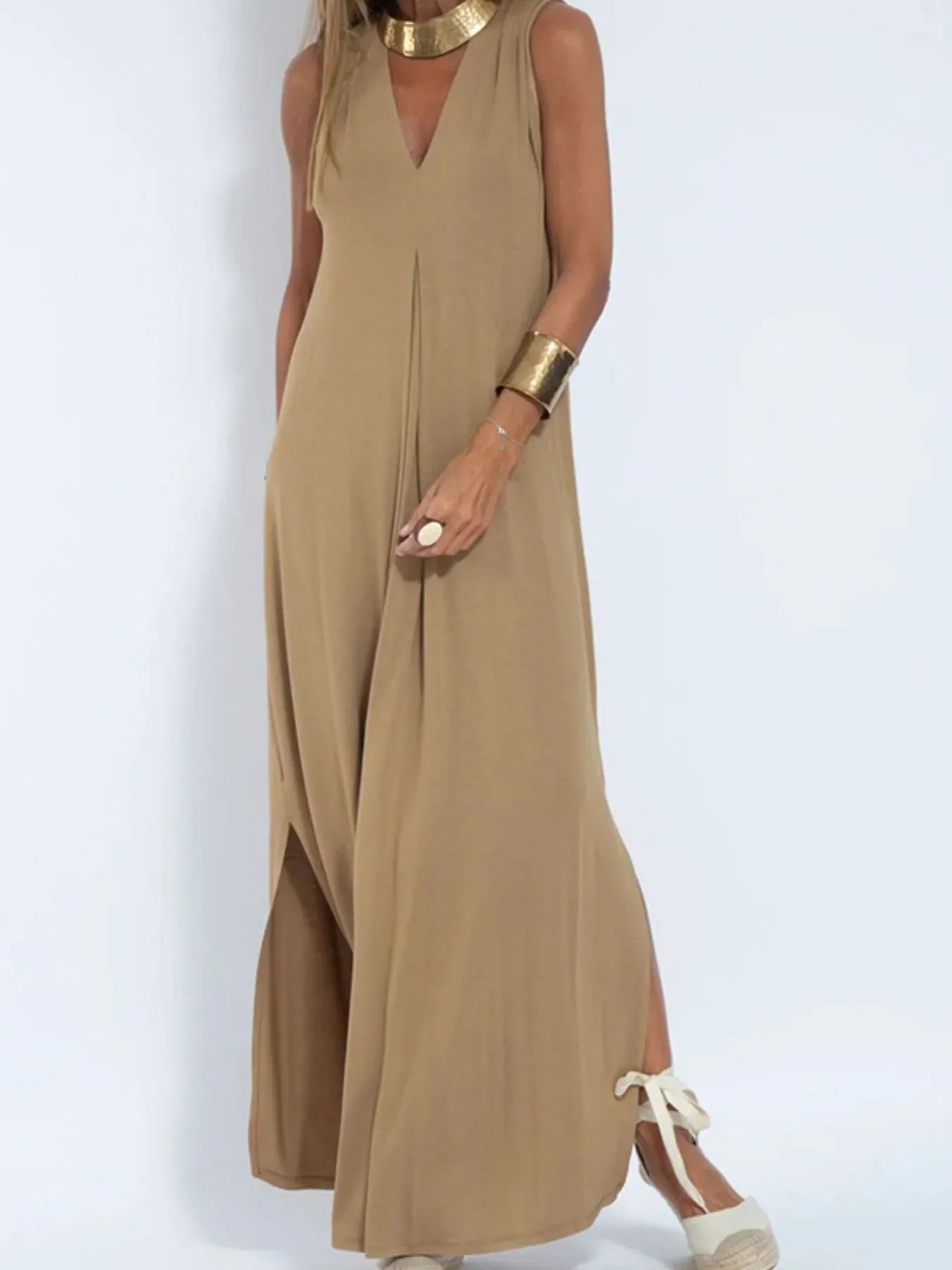 Full Size V-Neck Sleeveless Maxi Dress with Slit Plus Size Camel / S