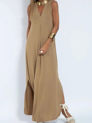 Full Size V-Neck Sleeveless Maxi Dress with Slit Plus Size Camel / S