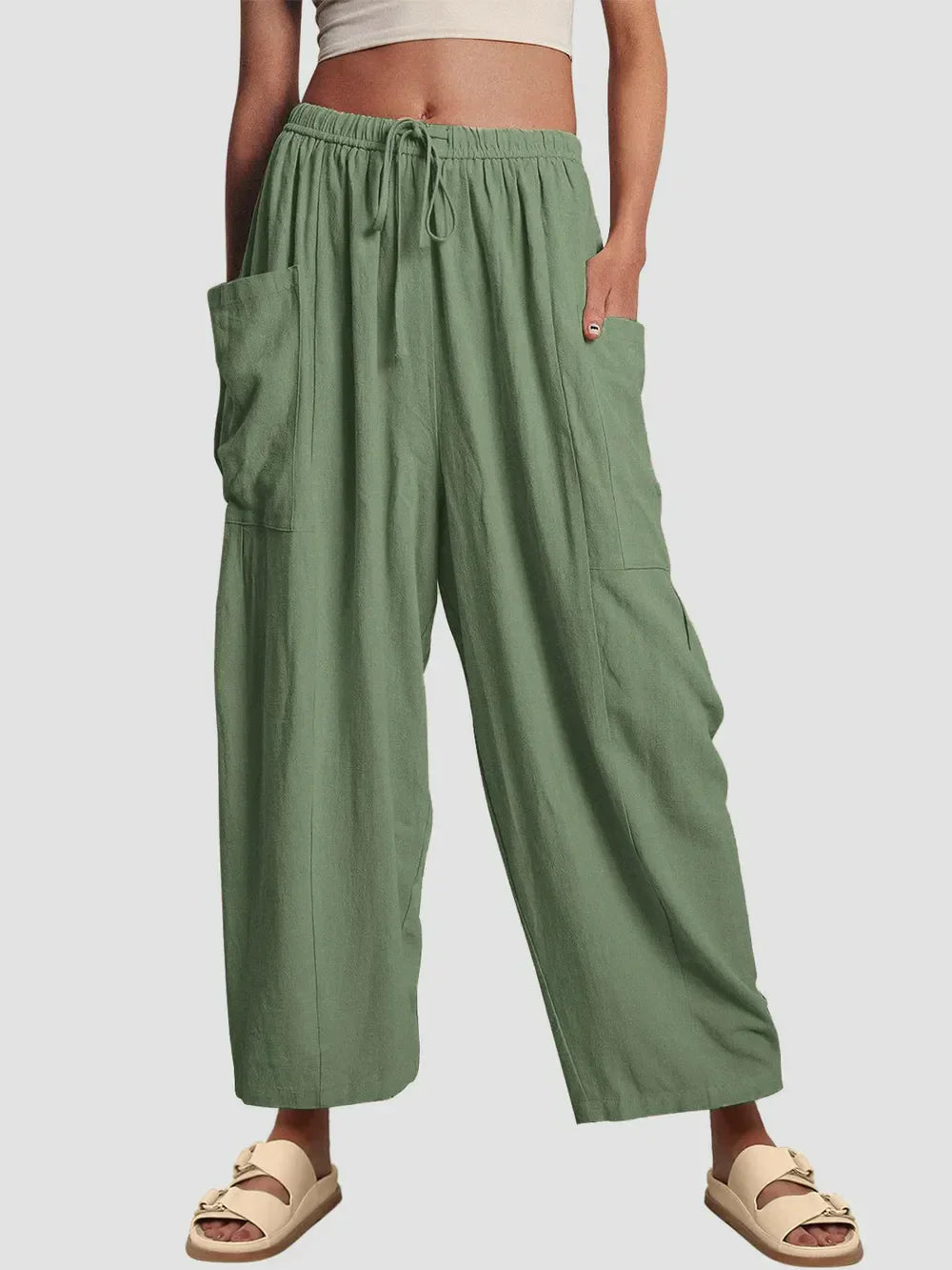 Full Size Wide Leg Pants with Pockets Green / S