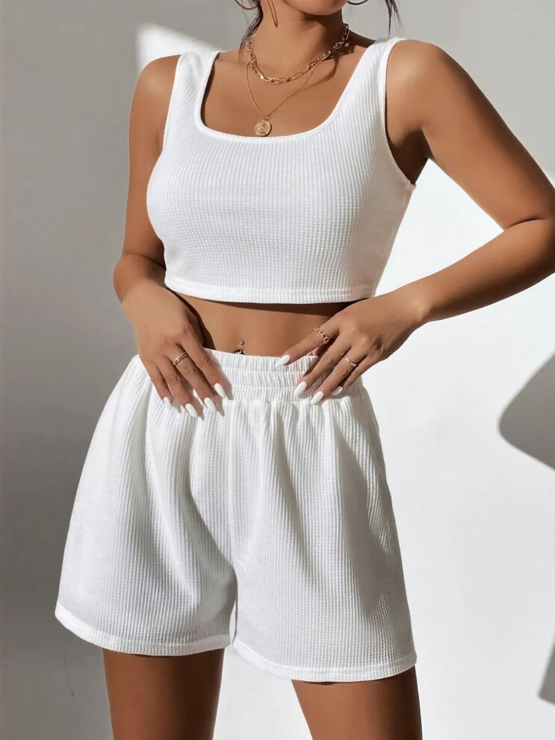Full Size Wide Strap Tank and Shorts Set Plus Size White / S