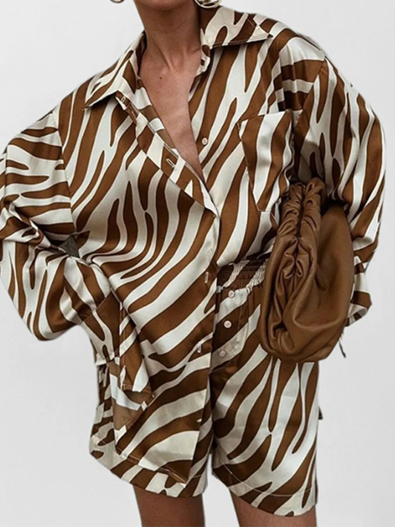 Full Size Zebra Print Shirt and Shorts Matching Set Plus Size