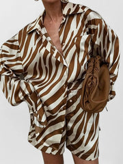Full Size Zebra Print Shirt and Shorts Matching Set Plus Size