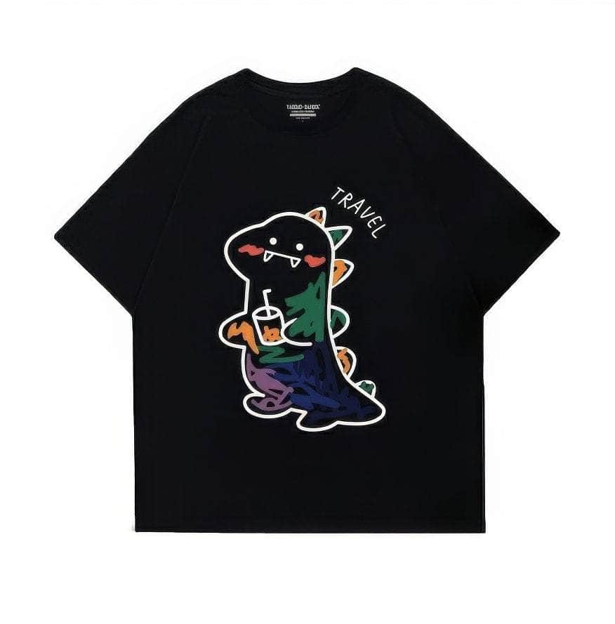 Fun Dinosaur with Drink Design T-Shirt US 4 / Black