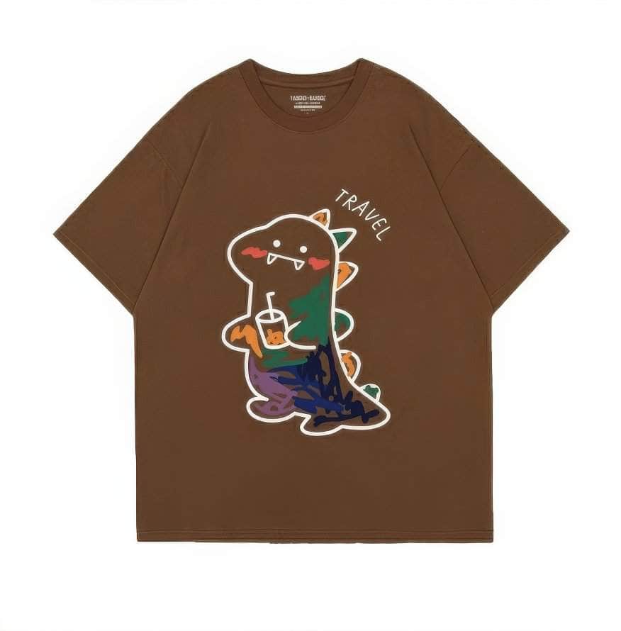 Fun Dinosaur with Drink Design T-Shirt US 4 / Brown
