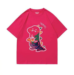 Fun Dinosaur with Drink Design T-Shirt US 4 / DeepPink