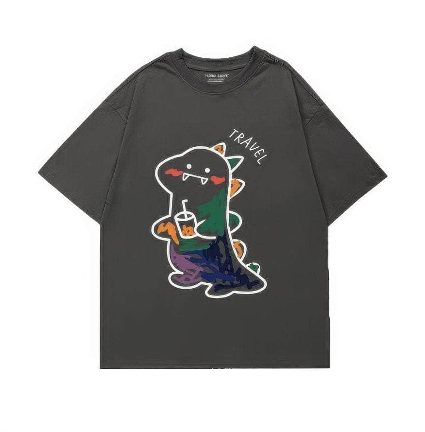 Fun Dinosaur with Drink Design T-Shirt US 4 / Gray
