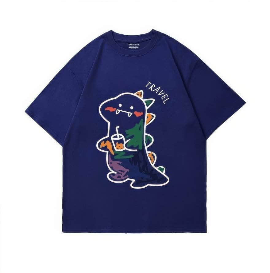 Fun Dinosaur with Drink Design T-Shirt US 4 / Navy