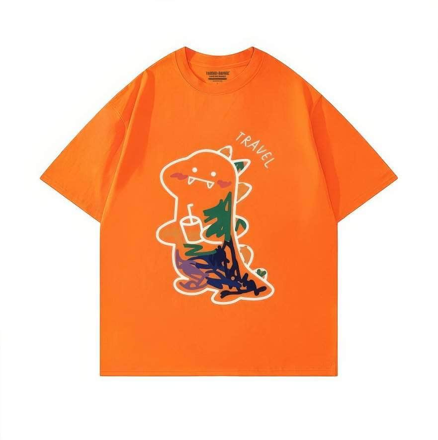 Fun Dinosaur with Drink Design T-Shirt US 4 / Orange