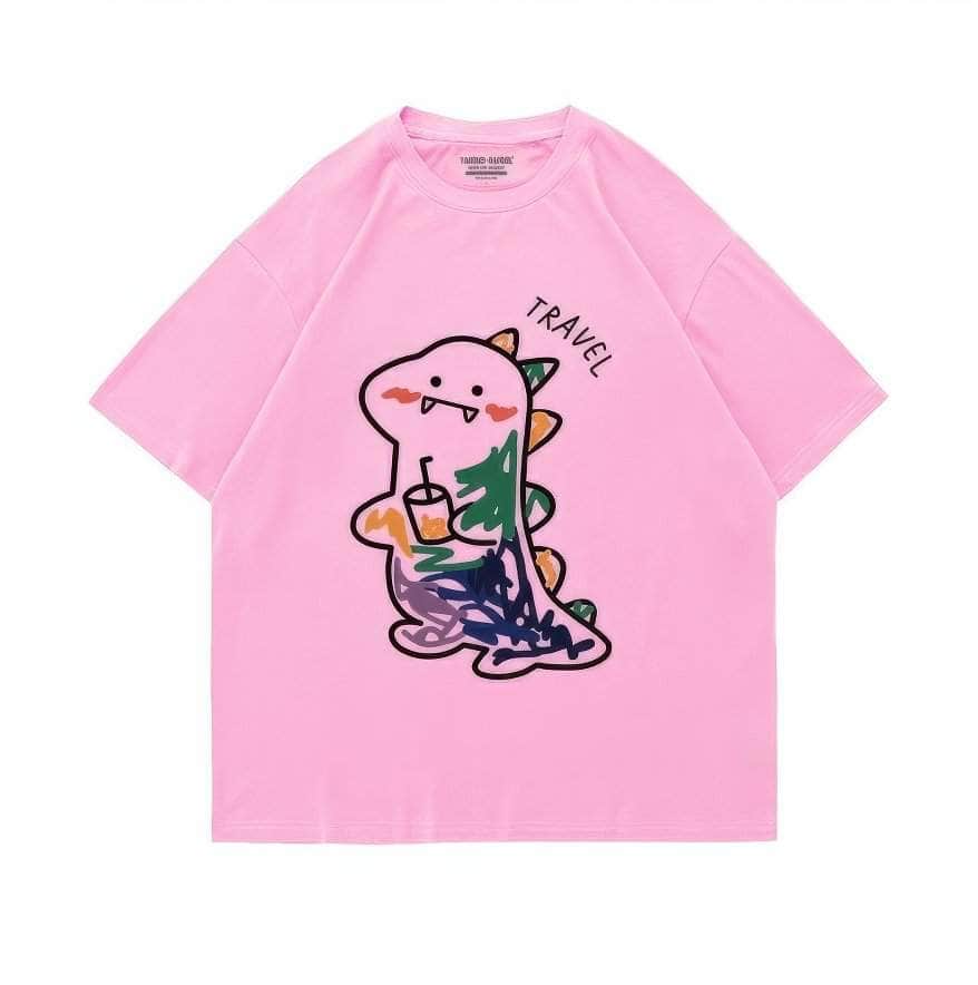 Fun Dinosaur with Drink Design T-Shirt US 4 / Pink