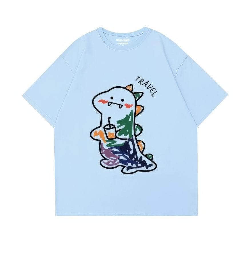 Fun Dinosaur with Drink Design T-Shirt US 4 / SkyBlue