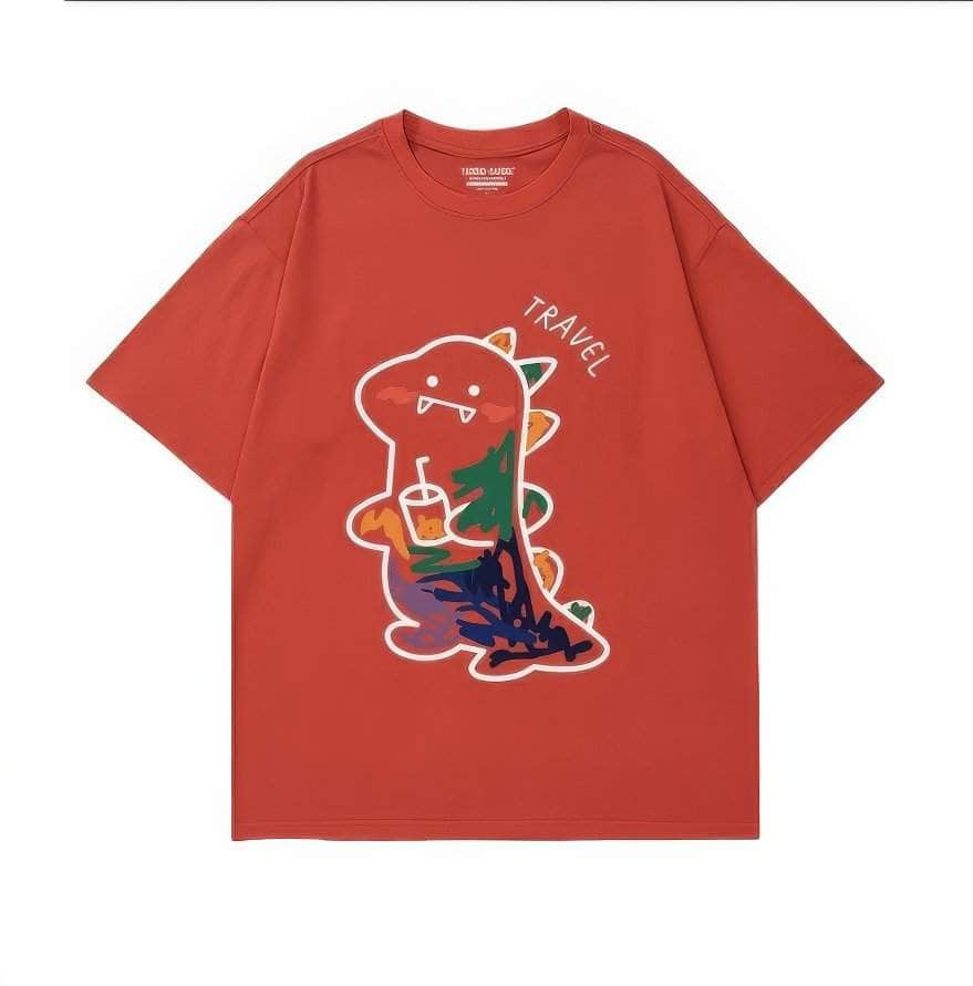 Fun Dinosaur with Drink Design T-Shirt US 4 / Tomato