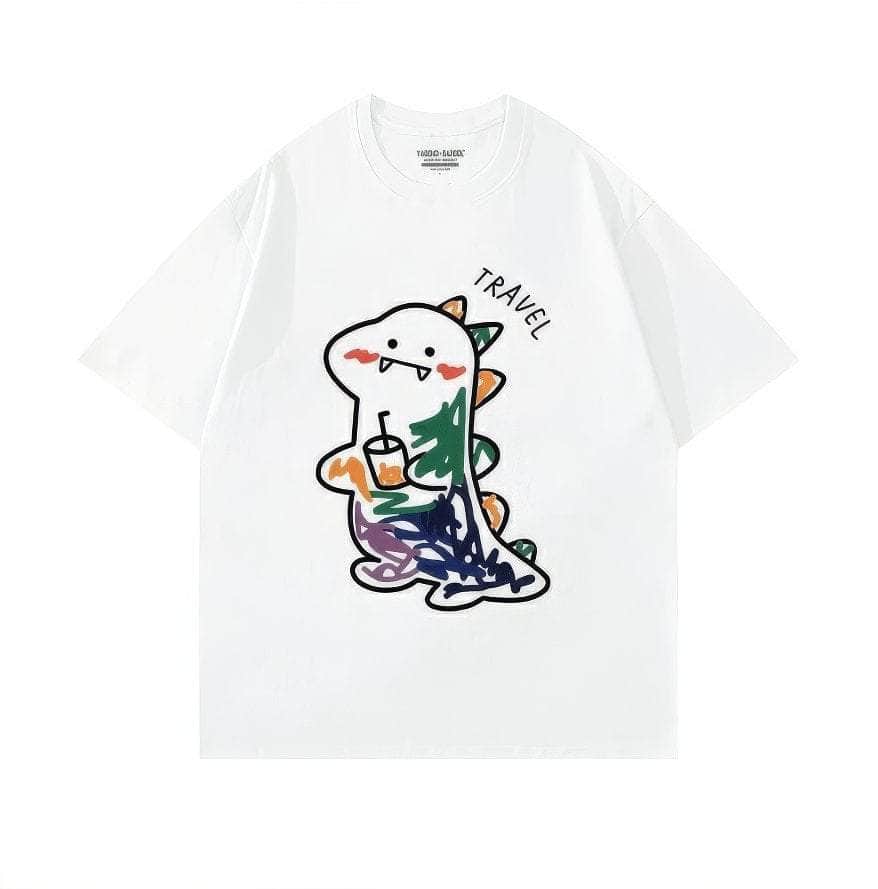 Fun Dinosaur with Drink Design T-Shirt US 4 / White