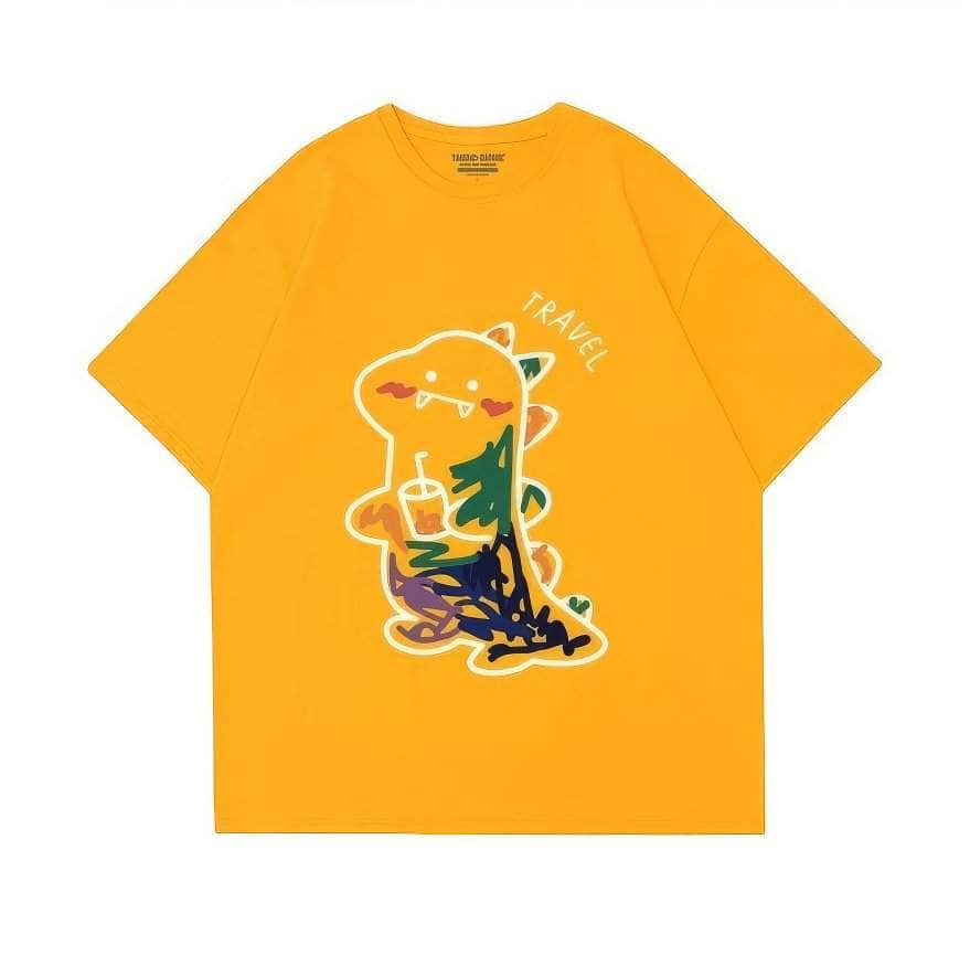 Fun Dinosaur with Drink Design T-Shirt US 4 / Yellow