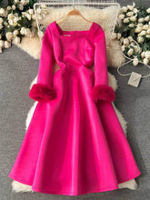 Furry Long Sleeves Square Neck Scuba Dress S / DeepPink