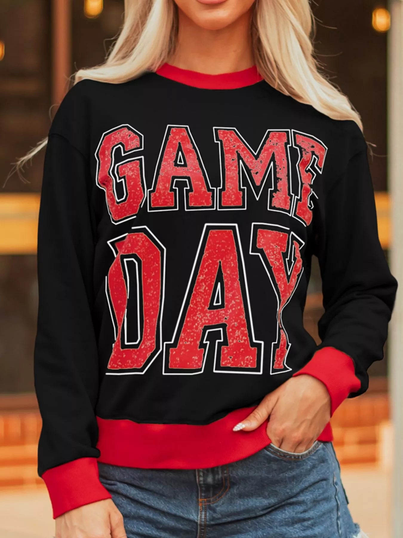 GAME DAY Letter Graphic Varsity Striped Detail Baggy Sweatshirt Black / S