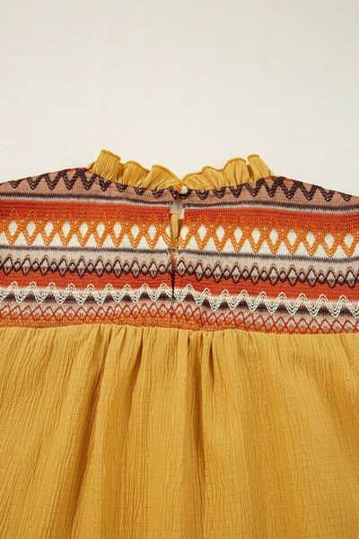 Geometric Frill Mock Neck Short Sleeve Blouse