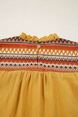 Geometric Frill Mock Neck Short Sleeve Blouse