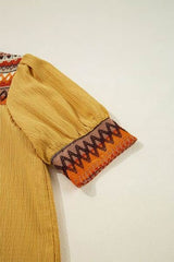 Geometric Frill Mock Neck Short Sleeve Blouse