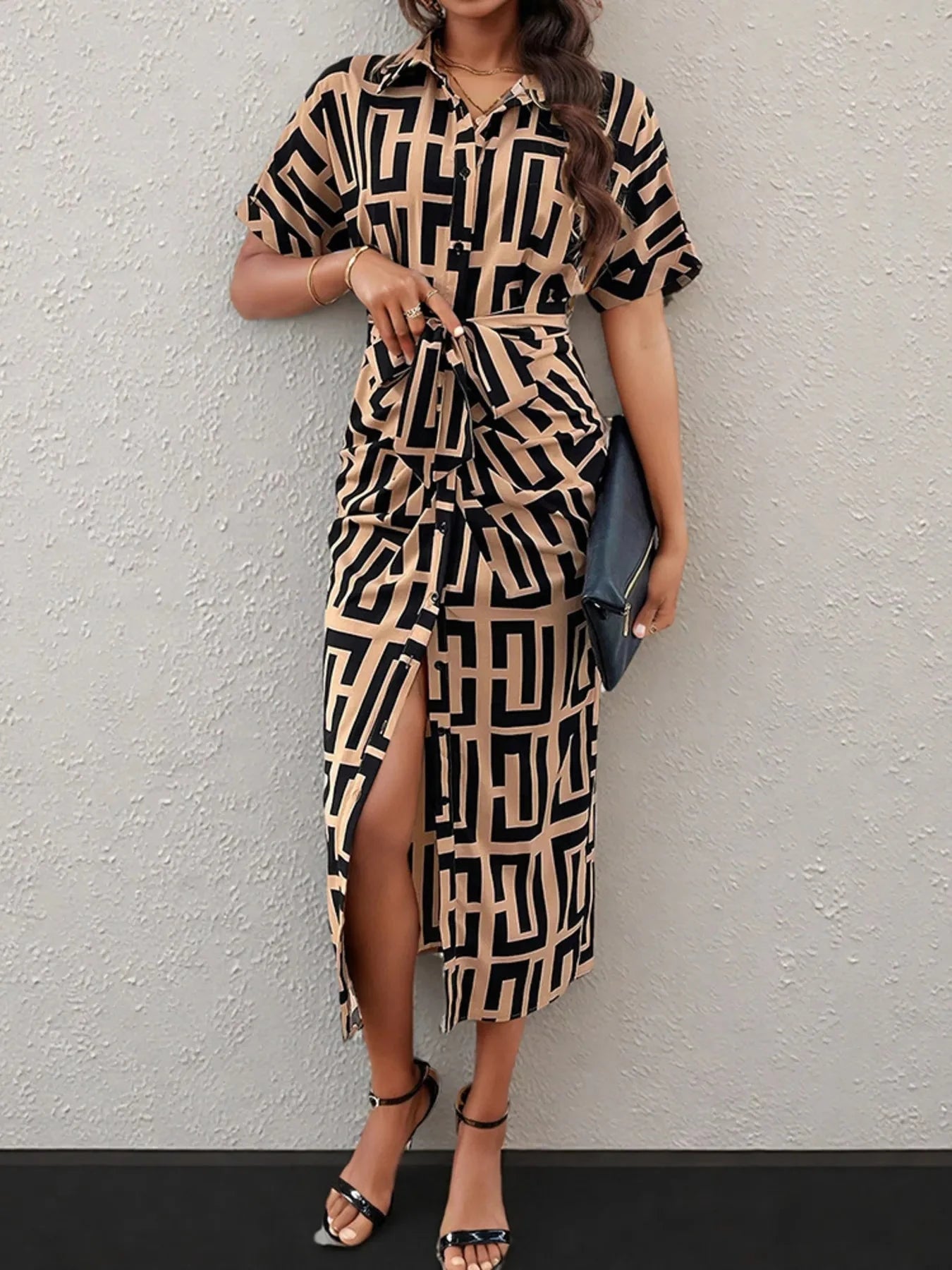 Geometric Print Belted Midi Dress
