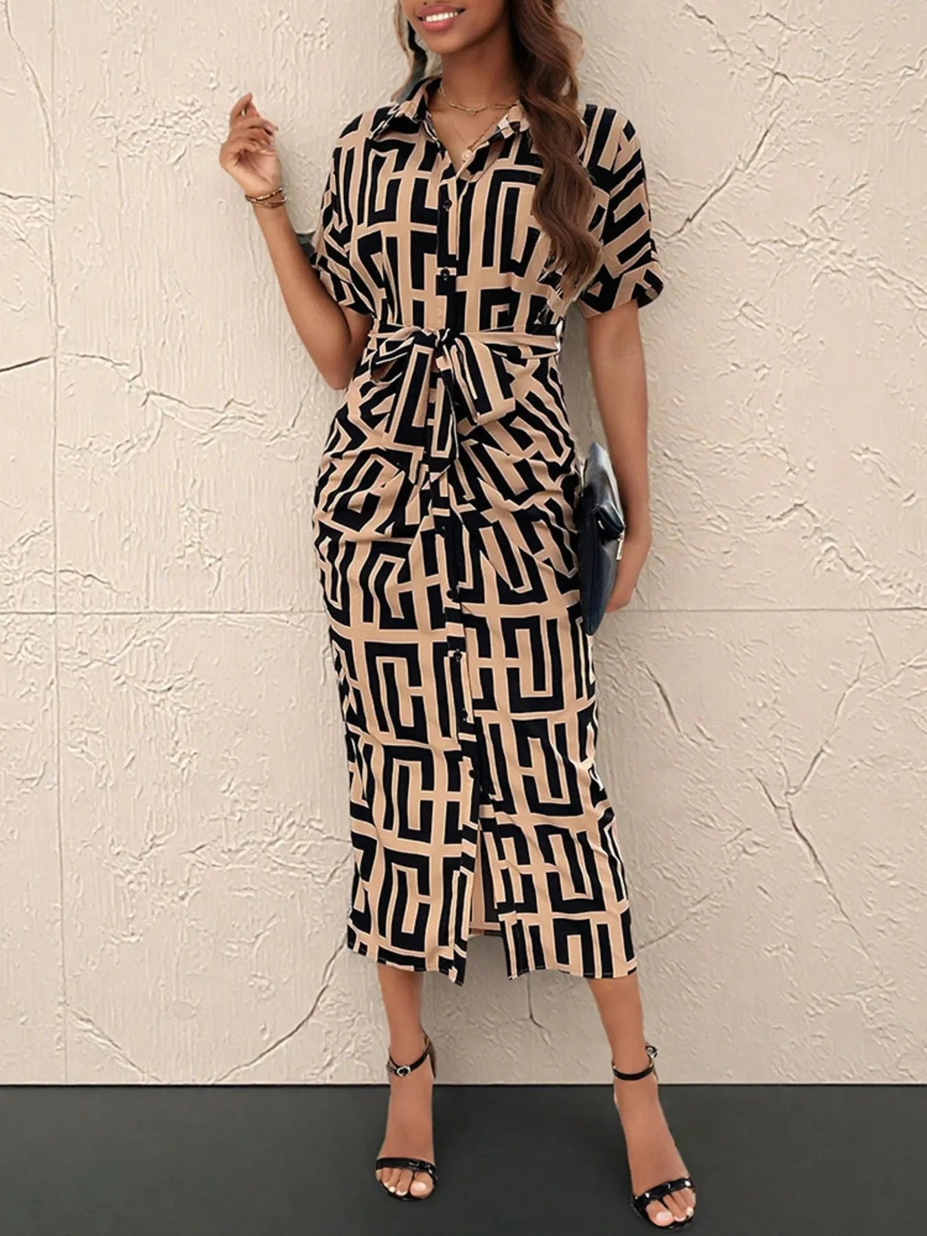 Geometric Print Belted Midi Dress