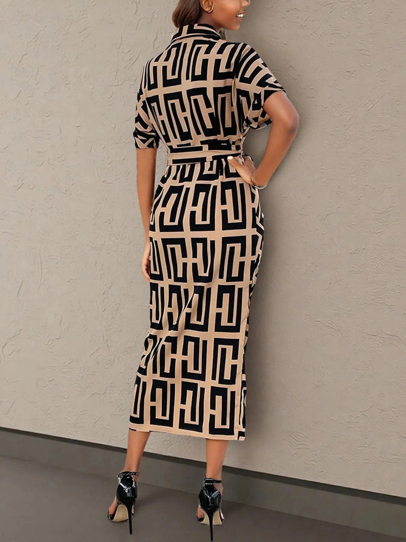 Geometric Print Belted Midi Dress