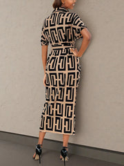 Geometric Print Belted Midi Dress