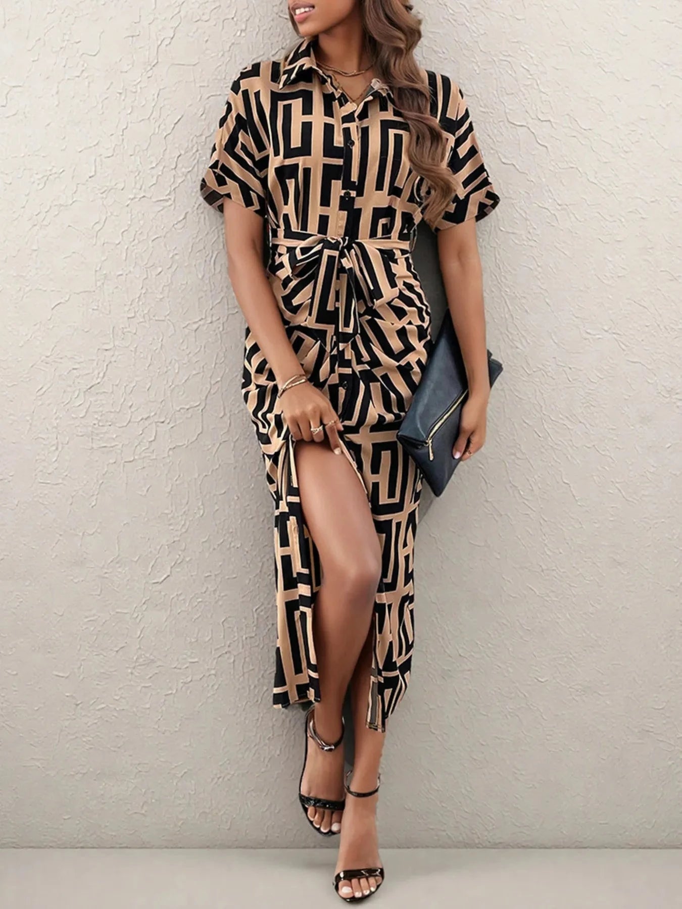 Geometric Print Belted Midi Dress Caramel / S