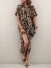 Geometric Print Belted Midi Dress Caramel / S