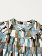 Geometric Print Buttoned Balloon Sleeve Loose Fit Shirt