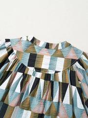 Geometric Print Buttoned Balloon Sleeve Loose Fit Shirt