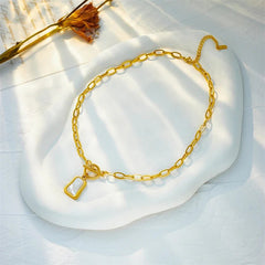 Geometric trapezoidal pearl oyster pendant necklace with OT buckle chains N2006
