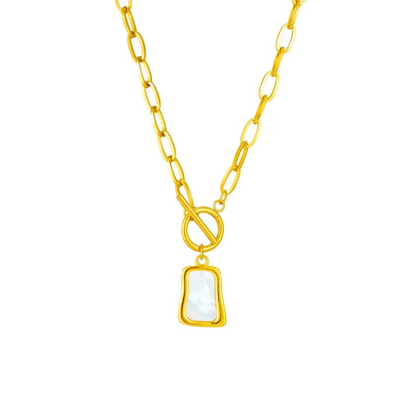 Geometric trapezoidal pearl oyster pendant necklace with OT buckle chains N2006