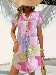 Geometric V-Neck Short Sleeve Button-Front Dress
