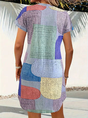 Geometric V-Neck Short Sleeve Button-Front Dress