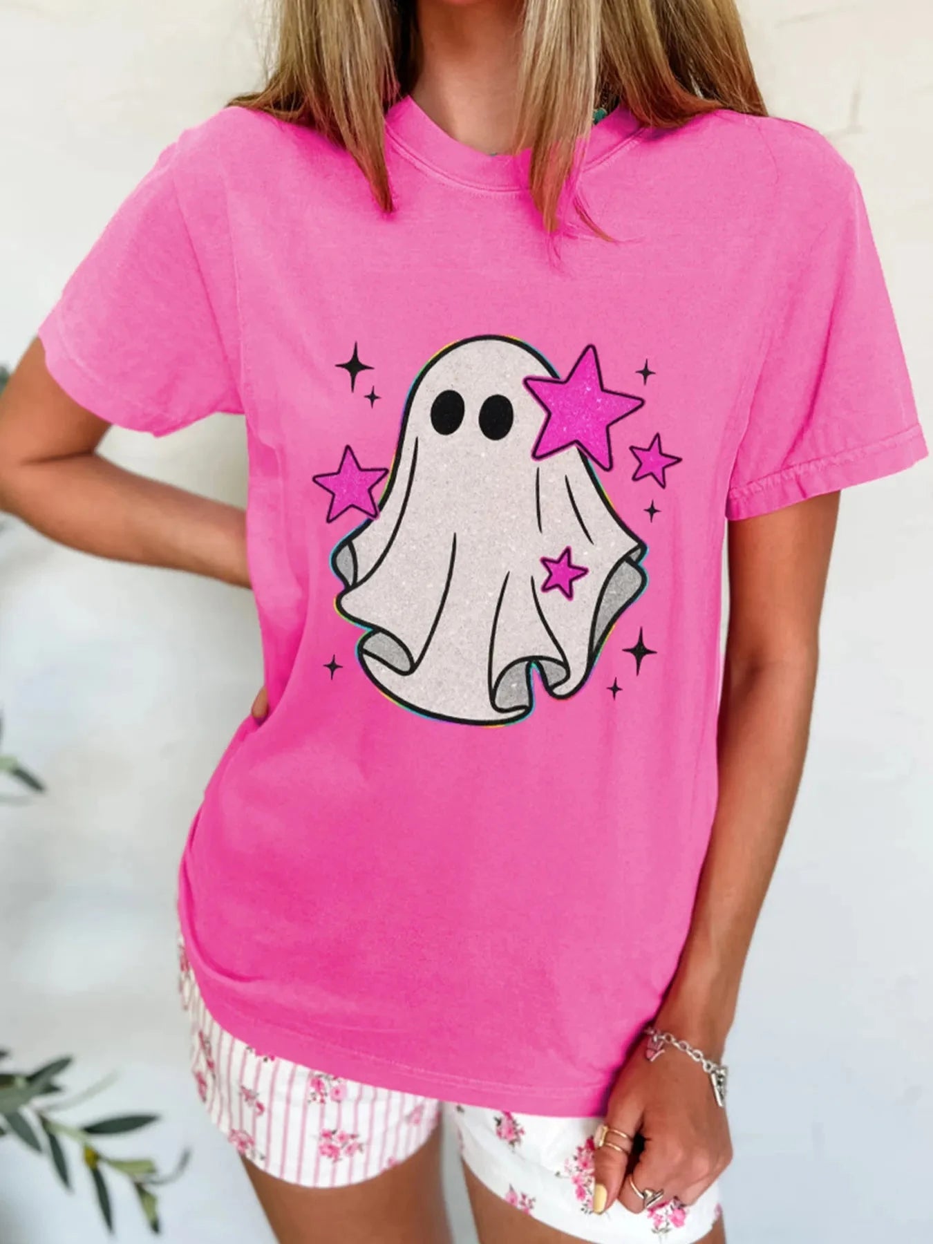Ghost Graphic Halloween Round Neck T Shirt Hot Pink / S