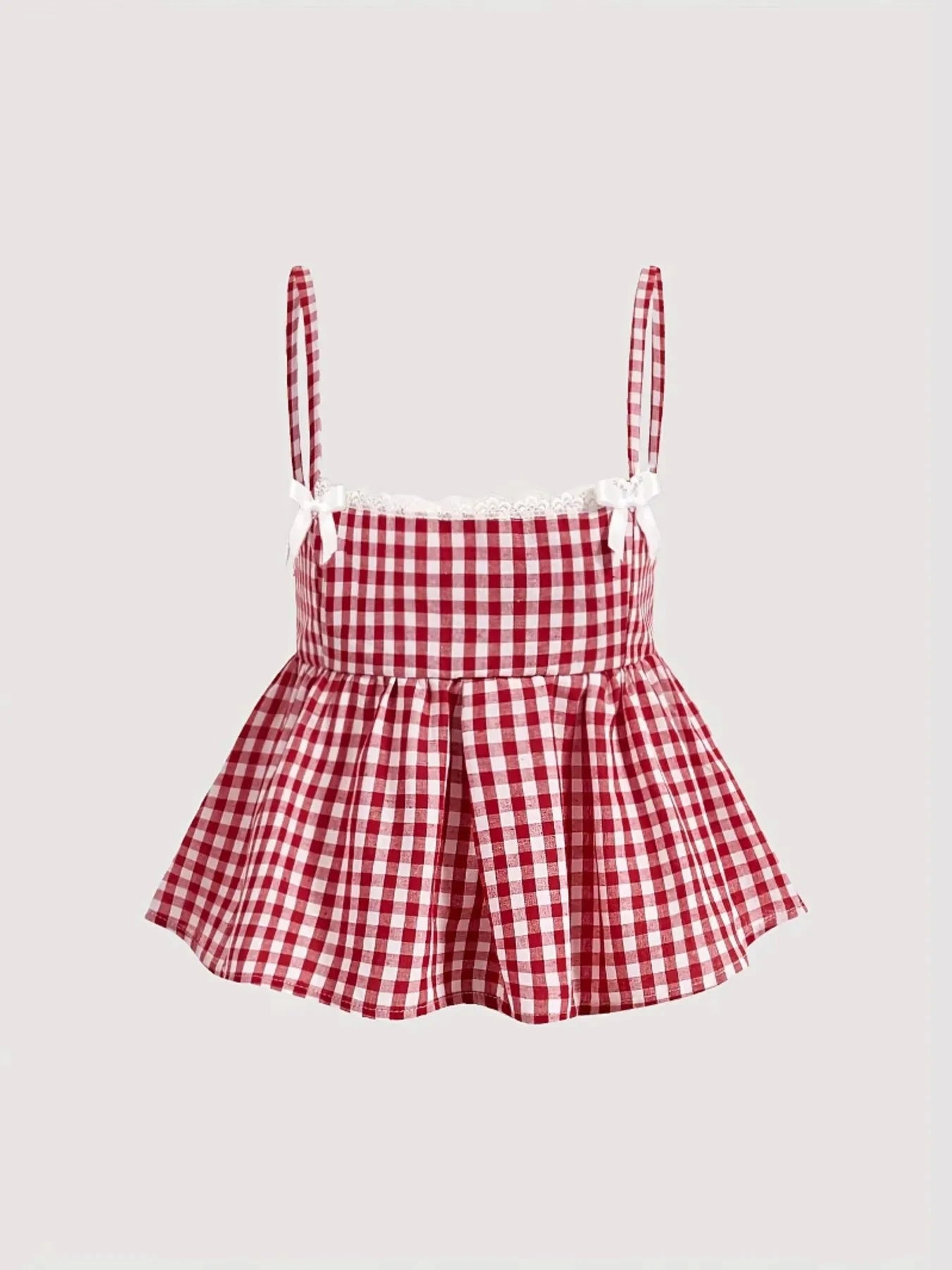 Gingham Check Peplum Cami Top Red Plaid / XS