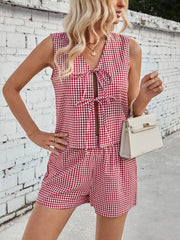 Gingham Print Tie Front Top and Shorts Set