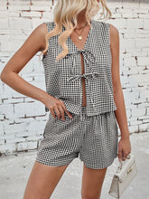 Gingham Print Tie Front Top and Shorts Set Black / S