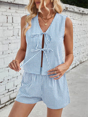 Gingham Print Tie Front Top and Shorts Set Blue / S