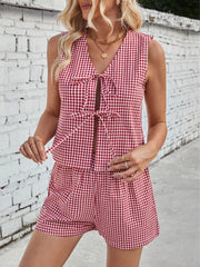 Gingham Print Tie Front Top and Shorts Set Red / S