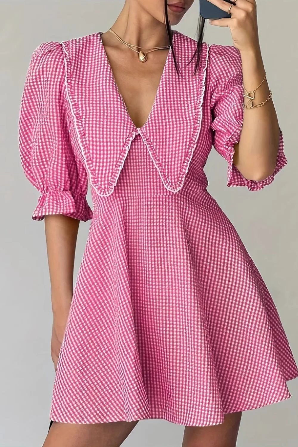 Gingham Puff Sleeve Mini Dress Pink / XS