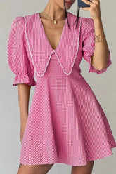 Gingham Puff Sleeve Mini Dress Pink / XS