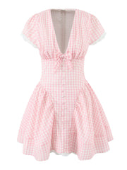 Gingham Ruffle Mini Dress with Lace Trim