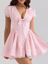 Gingham Ruffle Mini Dress with Lace Trim Pink Plaid / S
